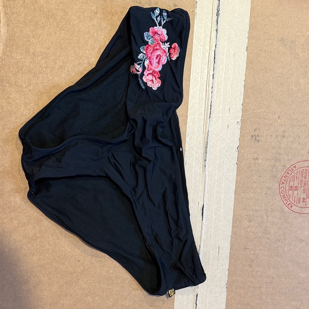 Floral Black Bikini Bottom with Embroidered Rose